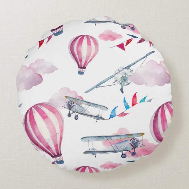 Balloons & Biplanes Round Cushion (Back)