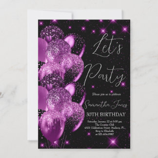 Balloons Birthday Black Pink Glitter Invitation