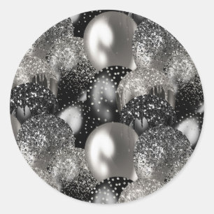 Balloons Birthday Black Silver Glitter Party Classic Round Sticker