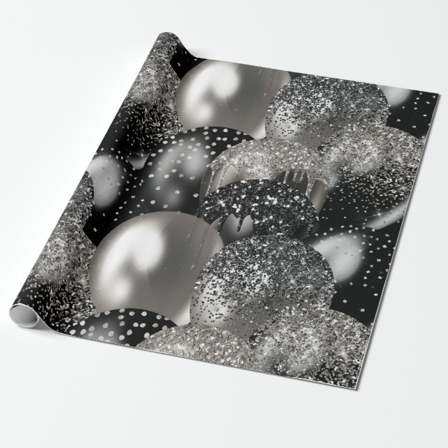 Balloons Birthday Black Silver Glitter Party Wrapping Paper (Unrolled)