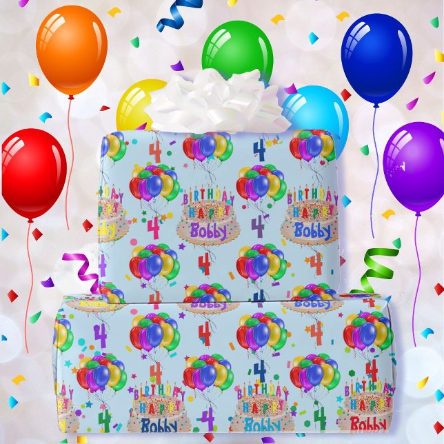 Balloons Birthday Cake Personalise Boy's Name Age Wrapping Paper (Creator Uploaded)