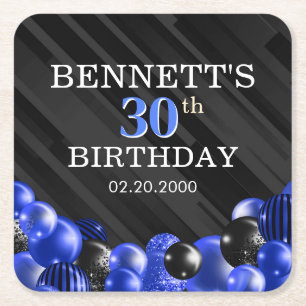 Balloons Black Blue Birthday Napkins Square Paper Coaster