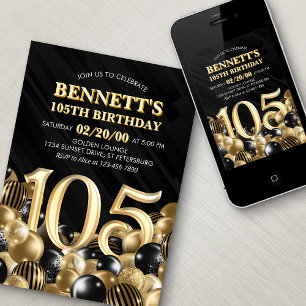 Balloons Black Gold 105th Birthday Invitation