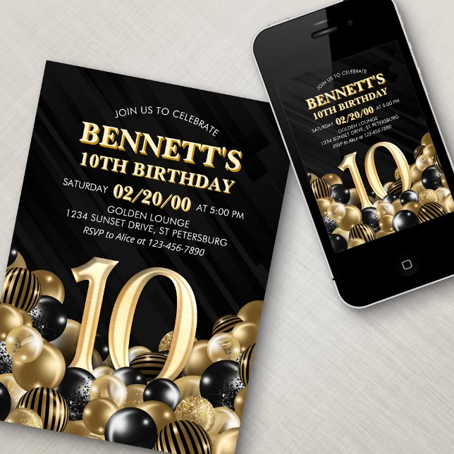 Balloons Black Gold 10th Birthday Invitation (Creator Uploaded)