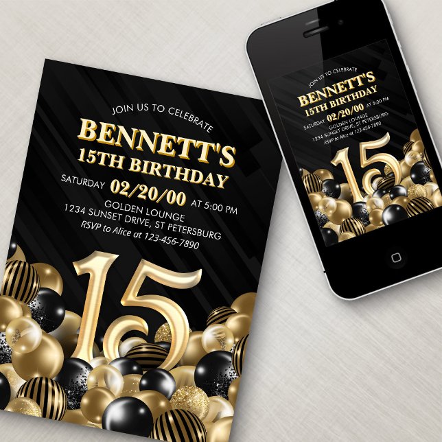 Balloons Black Gold 15th Birthday Invitation (Creator Uploaded)