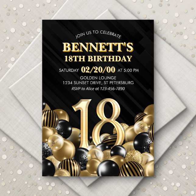 Balloons Black Gold 18th Birthday Invitation (Creator Uploaded)