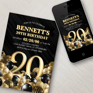 Balloons Black Gold 20th Birthday Invitation