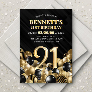 Balloons Black Gold 21st Birthday Invitation