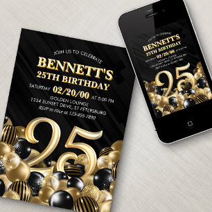 Balloons Black Gold 25th Birthday Invitation
