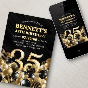 Balloons Black Gold 35th Birthday Invitation