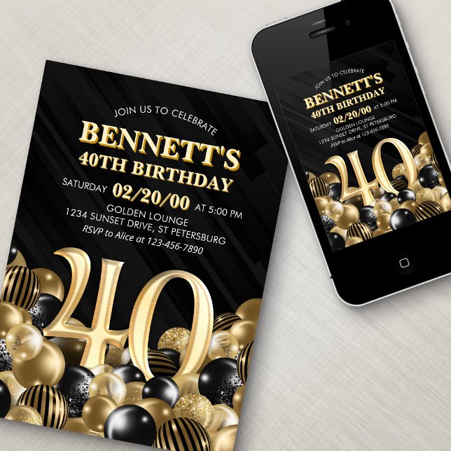 Balloons Black Gold 40th Birthday Invitation (Creator Uploaded)