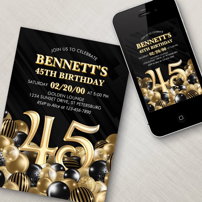 Balloons Black Gold 45th Birthday Invitation (Creator Uploaded)