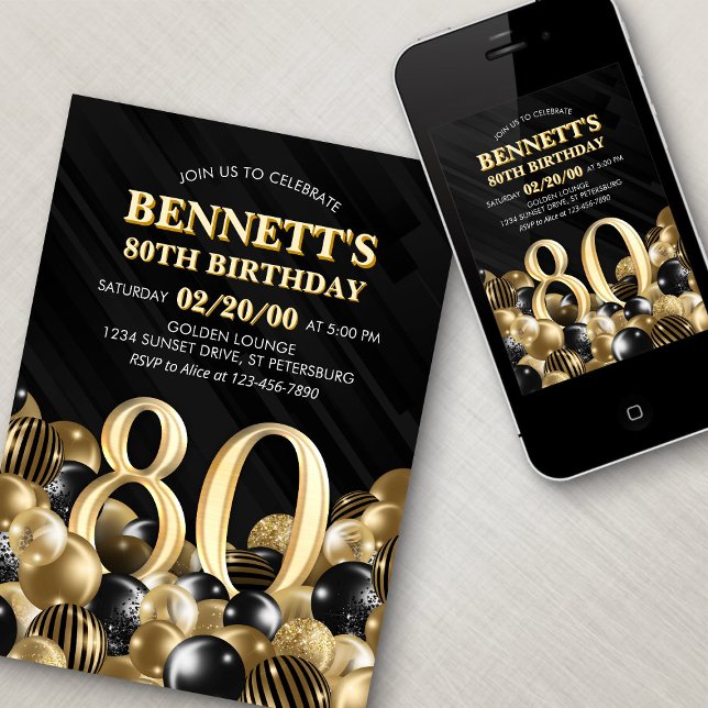 Balloons Black Gold 80th Birthday Invitation (Creator Uploaded)