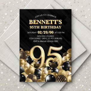 Balloons Black Gold 95th Birthday Invitation
