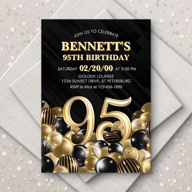 Balloons Black Gold 95th Birthday Invitation (Creator Uploaded)