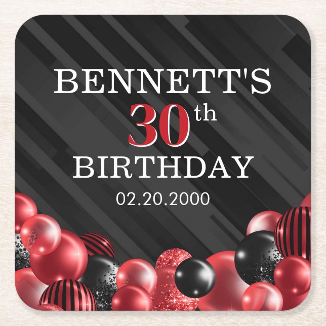 Balloons Black Red Birthday Square Paper Coaster (Front)