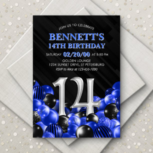 Balloons Blue 14th Birthday Invitation