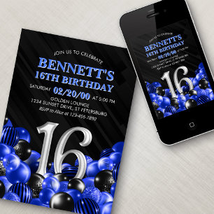 Balloons Blue 16th Birthday Invitation