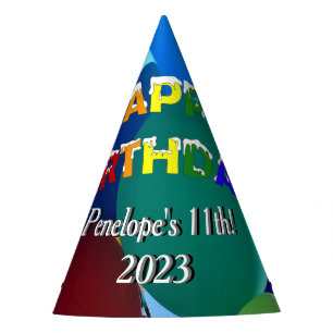 Balloons Blues and Greens Rainbow Happy Birthday Party Hat