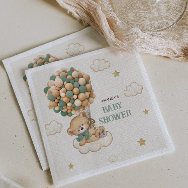 Balloons Boho Teddy Bear Baby Shower Beige Green   Napkin (Creator Uploaded)