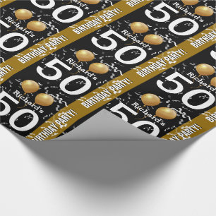 Balloons Confetti 50th Birthday BLACK GOLD K96Z1 Wrapping Paper