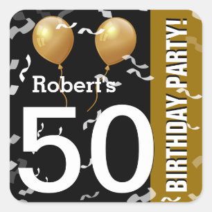 Balloons Confetti 50th Birthday BLACK GOLD K96Z Square Sticker
