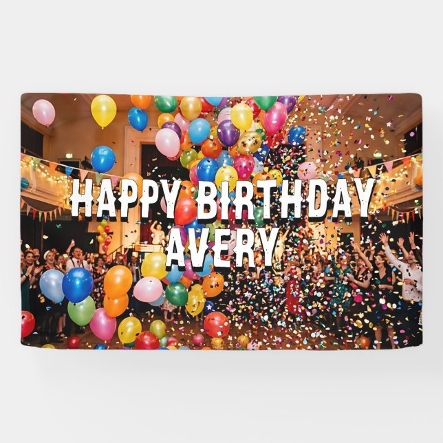 Balloons & Confetti  Personalised Happy Birthday Banner (Horizontal)