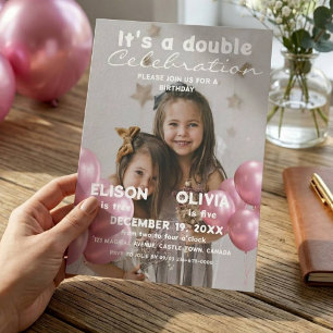 Balloons Double Celebration Photo Kids Birthday Invitation