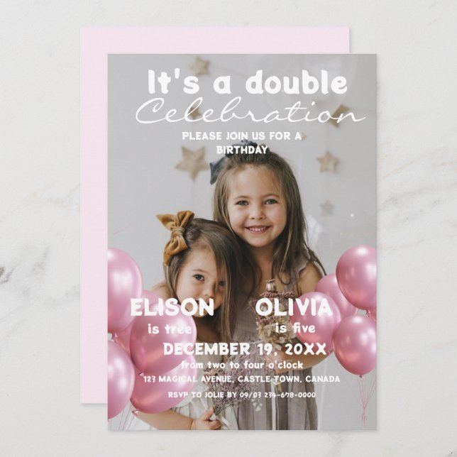 Balloons Double Celebration Photo Kids Birthday  Invitation (Front/Back)