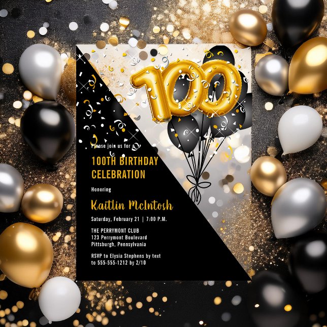 Balloons Elegant Black | Gold 100th Birthday Party Acrylic Invitations (Balloons Elegant Black and Gold Tone 100th Birthday Party Acrylic Invitations)