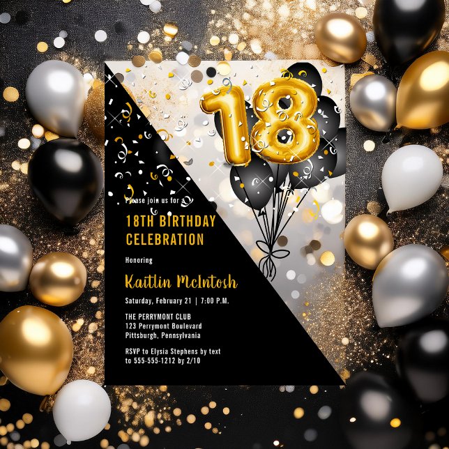 Balloons Elegant Black | Gold 18th Birthday Party Acrylic Invitations (Balloons Elegant Black and Gold Tone 18th Birthday Party Acrylic Invitations)