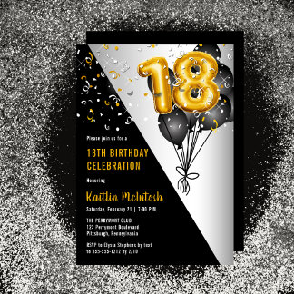 Balloons Elegant Black | Gold 18th Birthday Party Invitation