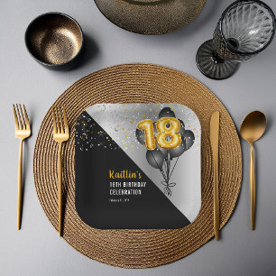 Balloons Elegant Black   Gold 18th Birthday Party  Paper Plate