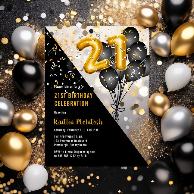 Balloons Elegant Black | Gold 21st Birthday Party Acrylic Invitations (Balloons Elegant Black and Gold Tone 21st Birthday Party Acrylic Invitations)