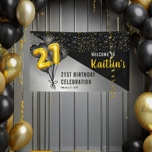 Balloons Elegant Black   Gold 21st Birthday Party  Banner