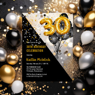 Balloons Elegant Black Gold 30th Birthday Party Acrylic Invitations