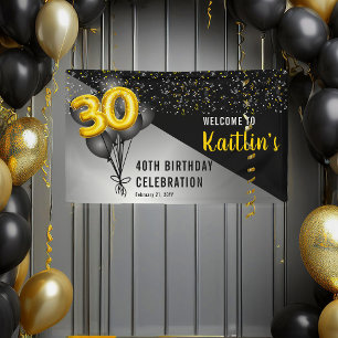 Balloons Elegant Black   Gold 30th Birthday Party  Banner