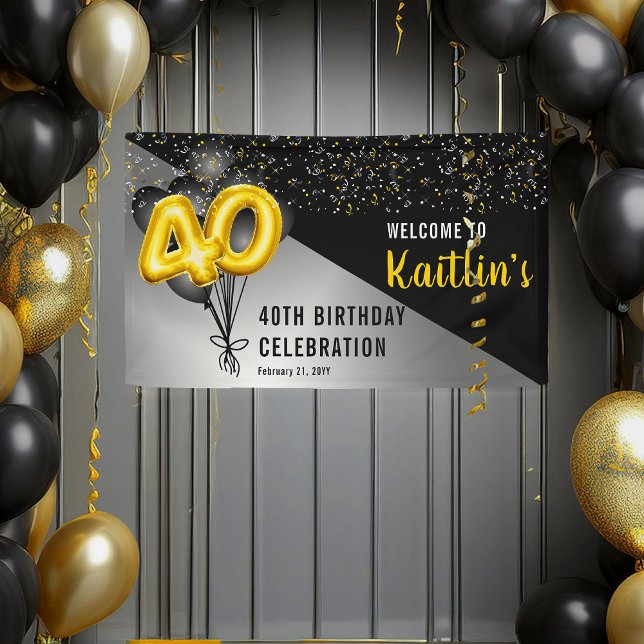 Balloons Elegant Black | Gold 40th Birthday Party  Banner (Elegant Gold Balloon Numbers and Black Balloons "40" 40th Birthday Party Banner)