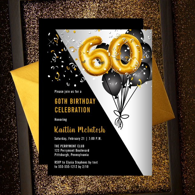 Balloons Elegant Black | Gold 60th Birthday Party Invitation (Elegant Black Balloons |  Gold Number Balloons "60" 60th Birthday Party Invitation Print Digital)