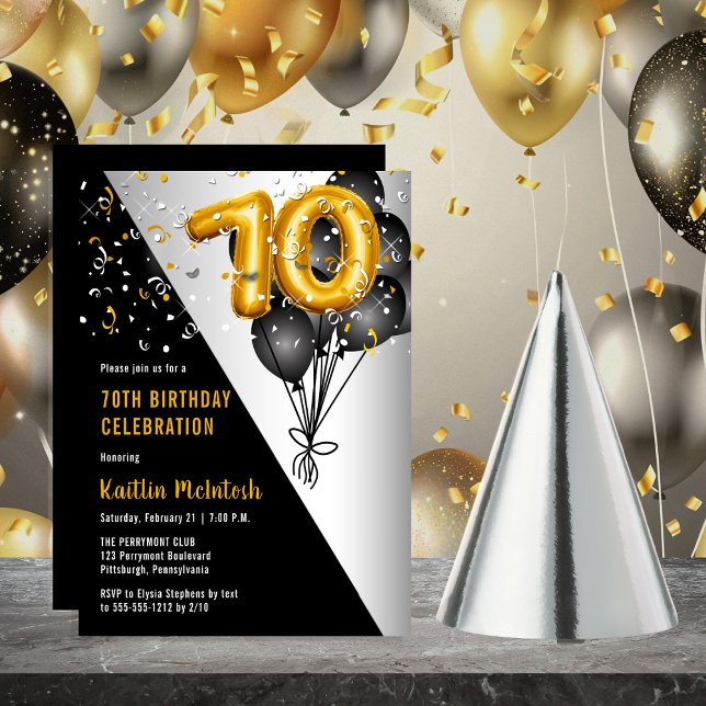 Balloons Elegant Black | Gold 70th Birthday Party Invitation (Balloons Elegant Black, Gold and Silver Tone 70th Birthday Party Invitation )