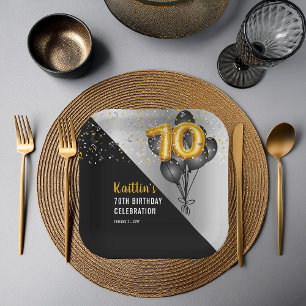 Balloons Elegant Black   Gold 70th Birthday Party  Paper Plate