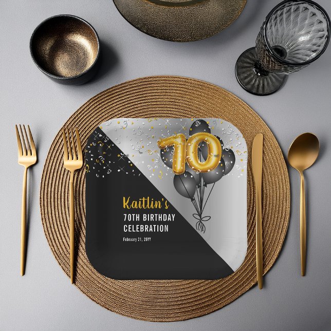 Balloons Elegant Black | Gold 70th Birthday Party  Paper Plate (Elegant Black Balloons and Gold Tone Balloon Numbers 70th Birthday Party Paper Plates)