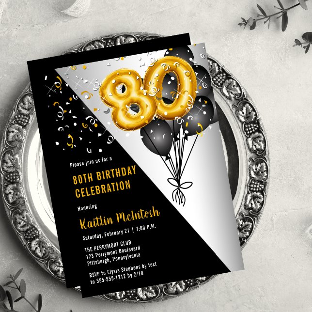 Balloons Elegant Black | Gold 80th Birthday Party Invitation (Balloons Elegant Black, Gold and Silver Tone 80th Birthday Party Invitation )