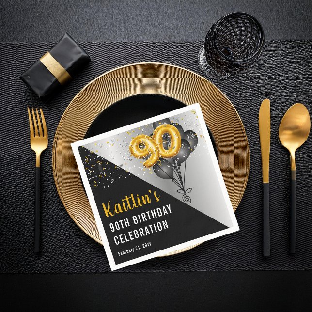 Balloons Elegant Black | Gold 90th Birthday Party  Napkin (Elegant Black Balloons and Gold Tone Balloon Numbers 90th Birthday Party Paper Napkins)