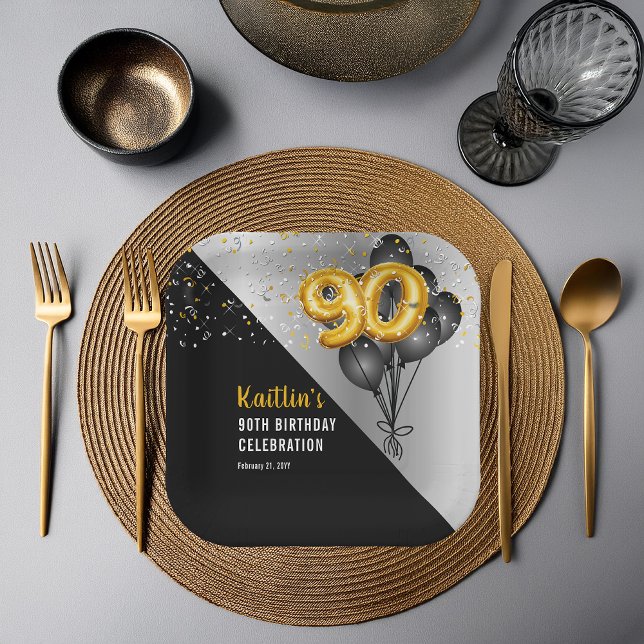 Balloons Elegant Black | Gold 90th Birthday Party  Paper Plate (Elegant Black Balloons and Gold Tone Balloon Numbers 90th Birthday Party Paper Plates)