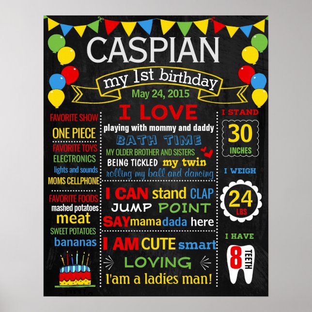 Balloons first birthday chalkboard sign poster 233 (Front)