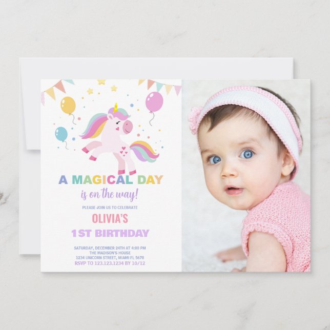 Balloons Flags Unicorns Birthday Invitations photo (Front)