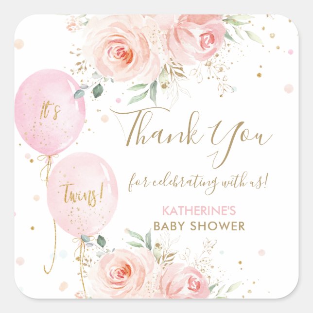 Balloons Floral Twins Baby Shower Thank You Favour Square Sticker (Front)