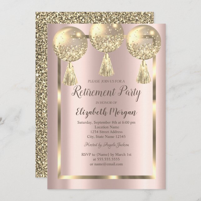  Balloons,Frame,Rose Gold,Gold Glitter Retirement  Invitation (Front/Back)