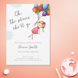 Balloons Girl High School Graduation Party Invitation